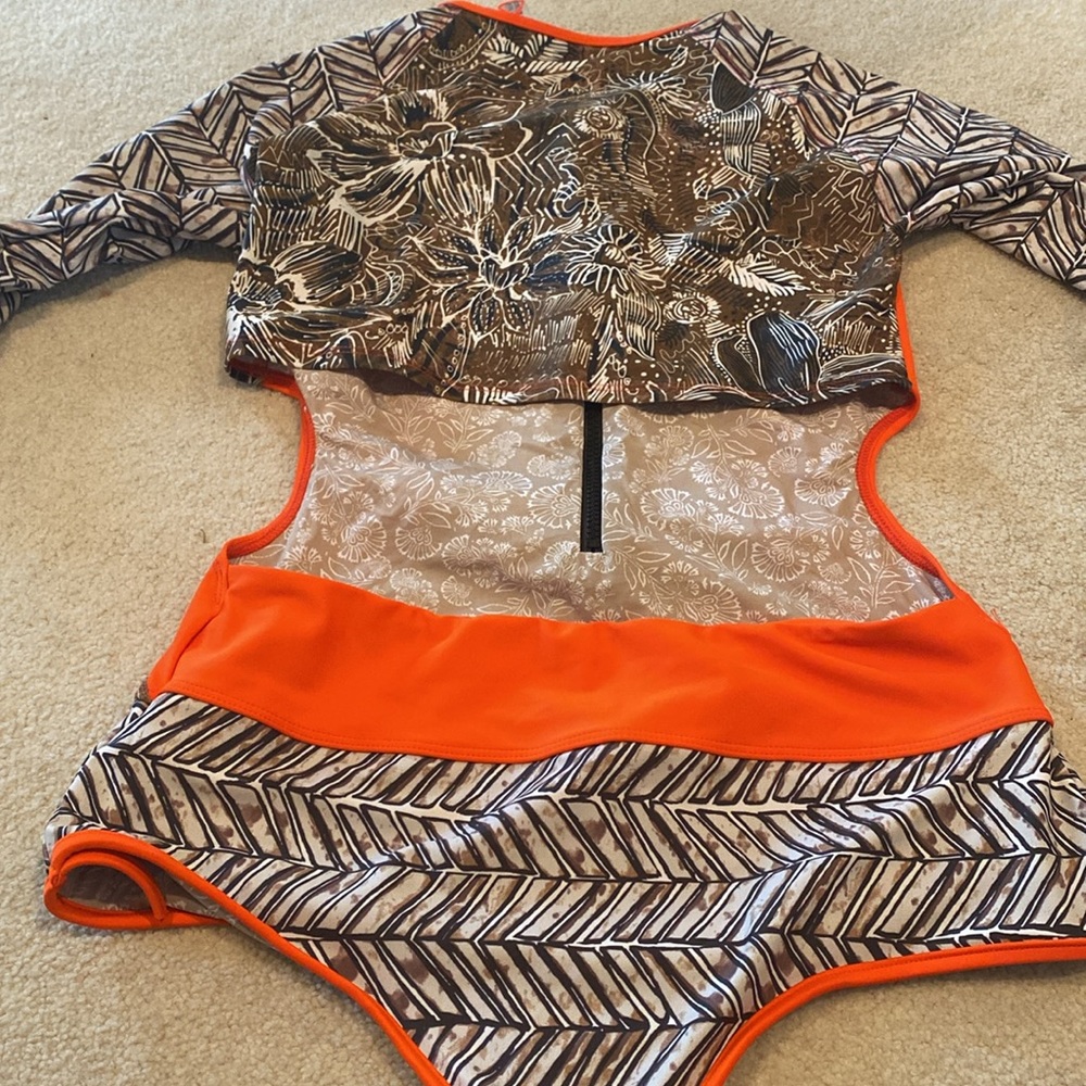 FP beach Free People Stevie Orange and Brown zip front Surf Swimsuit L large New - Picture 4 of 6